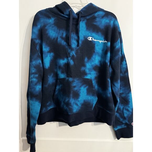 Champion Hoodie Womens XXL Blue Tie Dye Sweatshirt Pullover Logo Retro Hippie - Picture 1 of 9